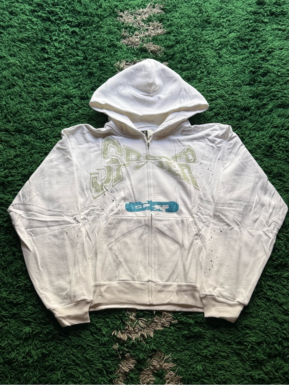 White Graphic Zip-Up Hoodie with Pale Green & Teal Accents
